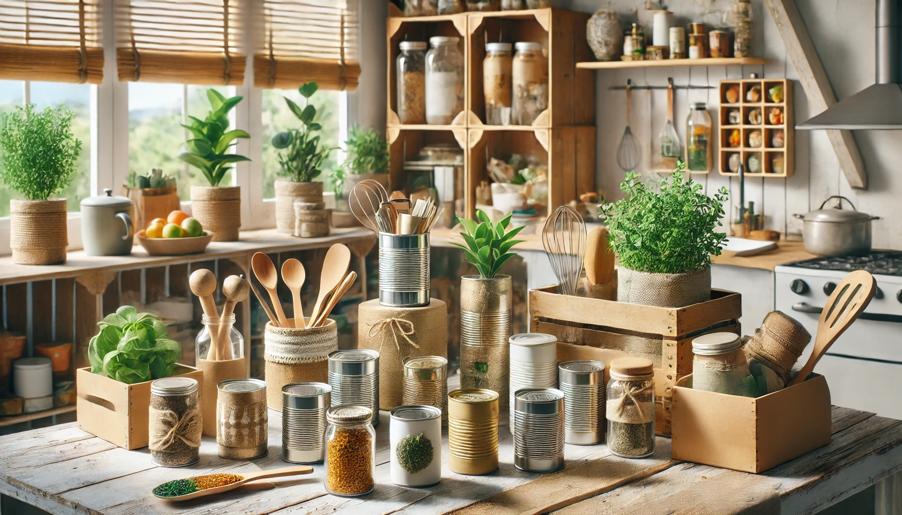 Objetos reutilizados em casa, como potes de vidro e latas pintadas sendo usados como vasos e organizadores em ambiente sustentável.