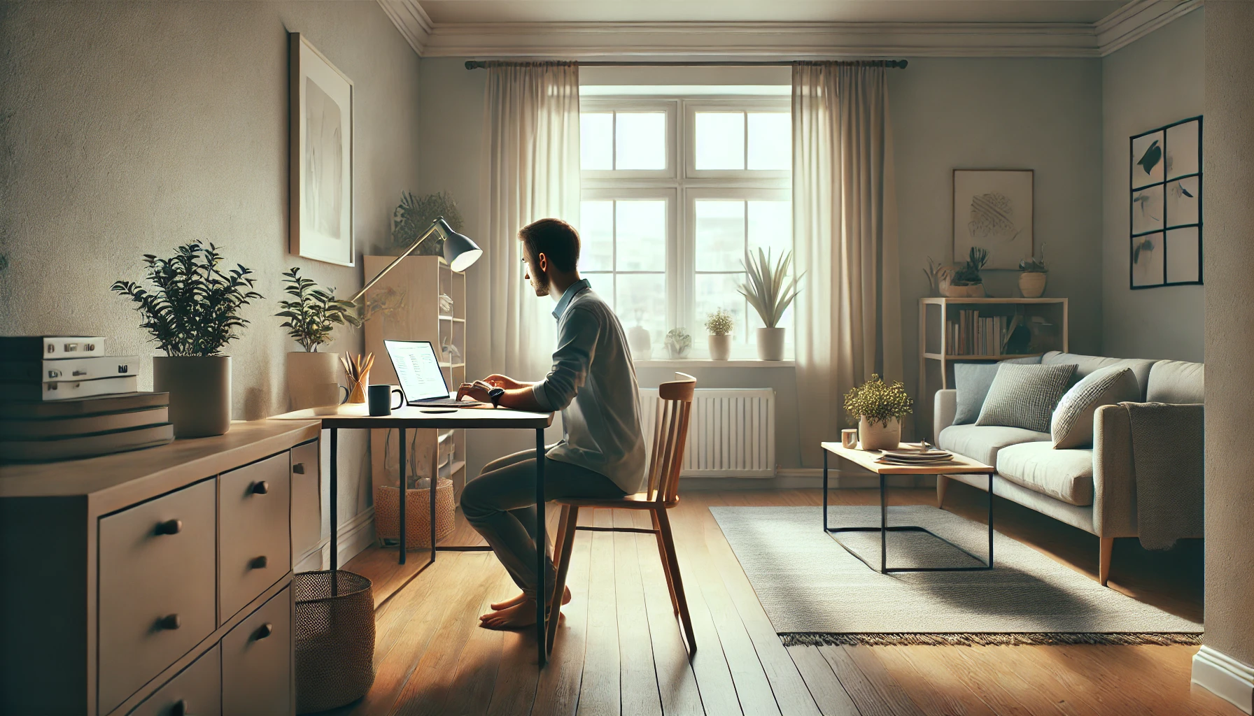 Pessoa trabalhando de casa com notebook em ambiente organizado, com luz natural, planta ao lado e expressão tranquila.