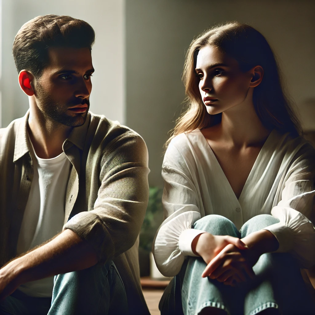 Casal sentado em silêncio com expressões sérias e corpo afastado, em um ambiente doméstico com clima tenso, representando um relacionamento tóxico