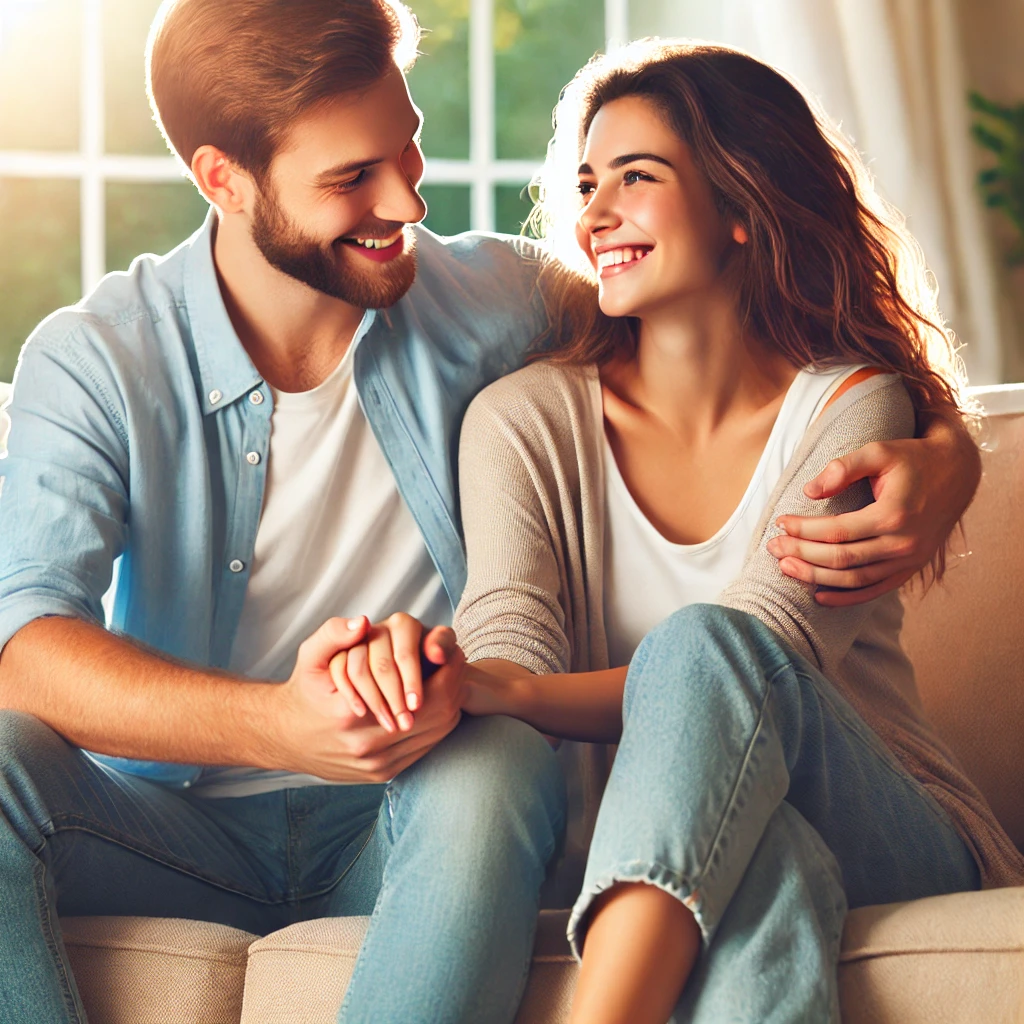 Casal feliz caminhando de mãos dadas em um ambiente natural, demonstrando amor, respeito e comunicação em um relacionamento saudável.