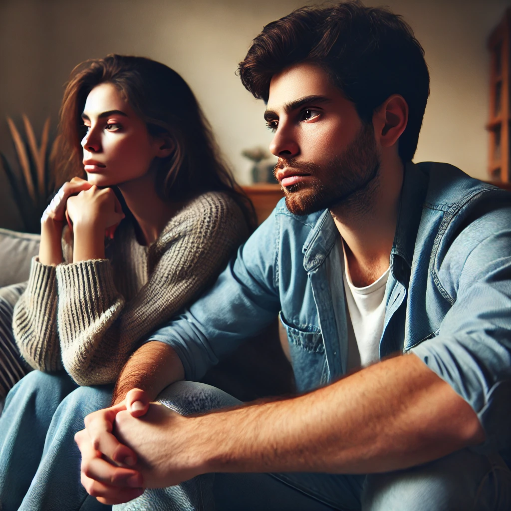 Casal sentado no sofá com expressões sérias e distantes, representando uma crise no relacionamento, mas com possibilidade de reconciliação.