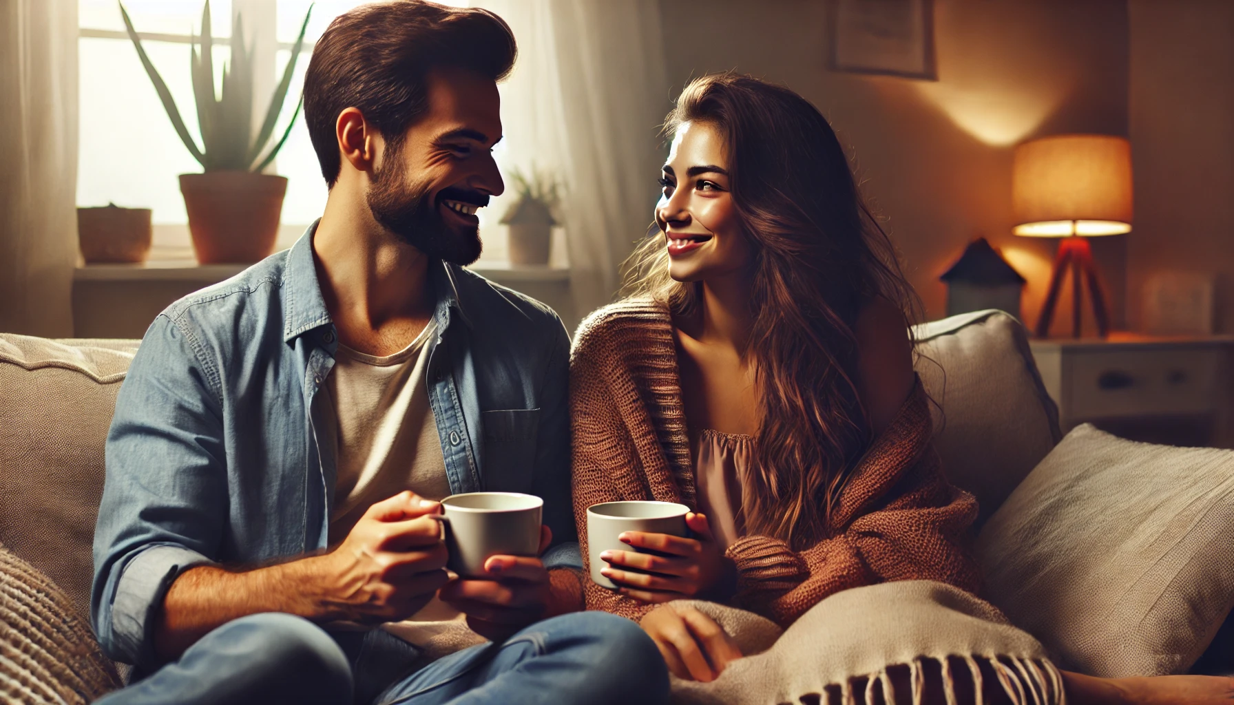 Casal sentado no sofá tomando café e trocando olhares, em um ambiente aconchegante e afetuoso, representando tempo de qualidade no relacionamento.