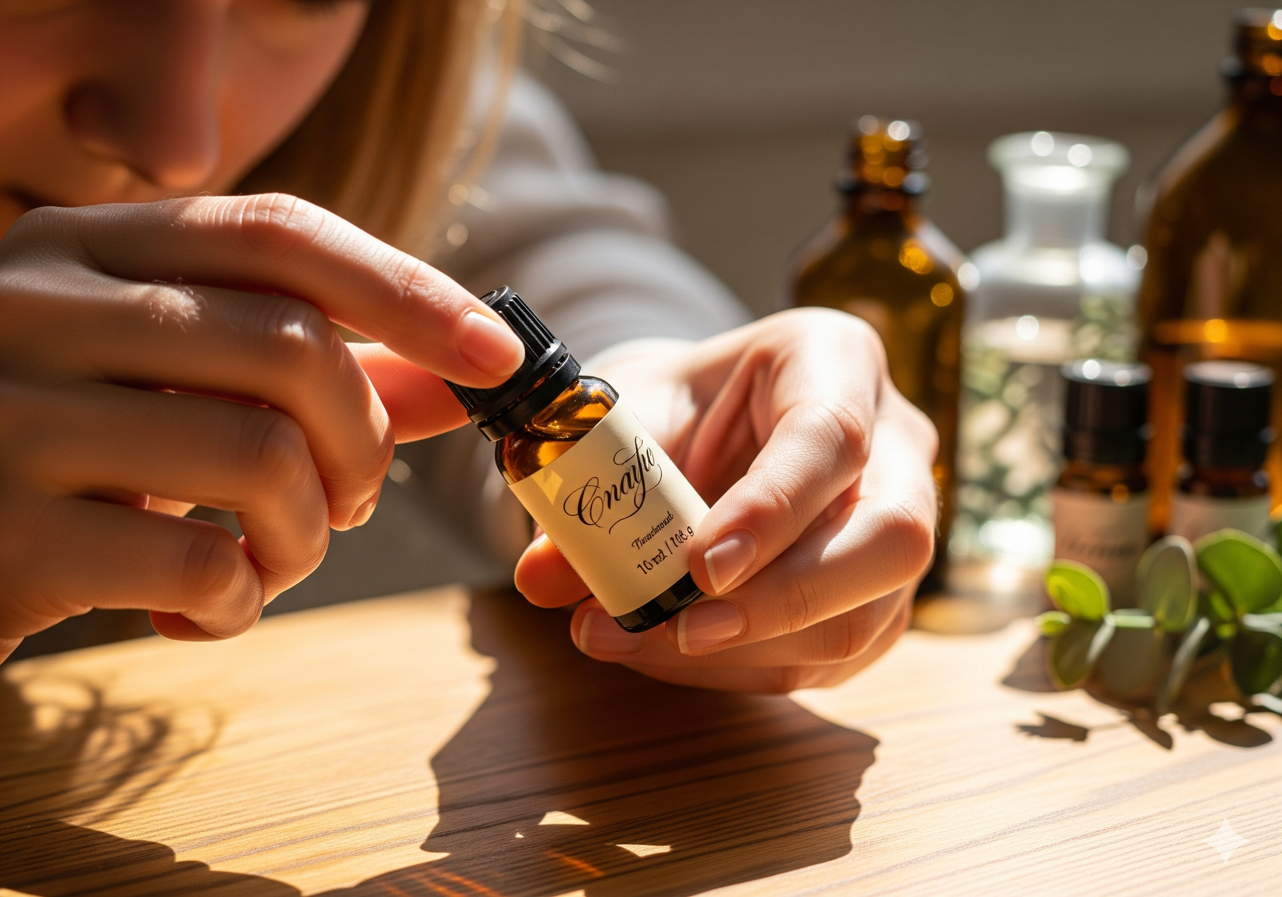 Pessoa analisando frascos de óleos essenciais em uma mesa iluminada, observando rótulos e qualidade das embalagens.